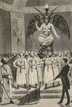 Freimaurer beten Baphomet an. Illustration aus einer Schmäh-Veröffentlichung Leo Taxils