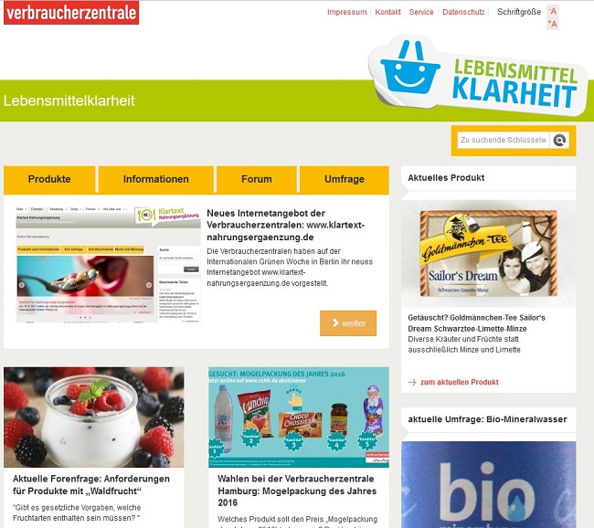 Bild: Screenshot der Webseite www.lebensmittelklarheit.de