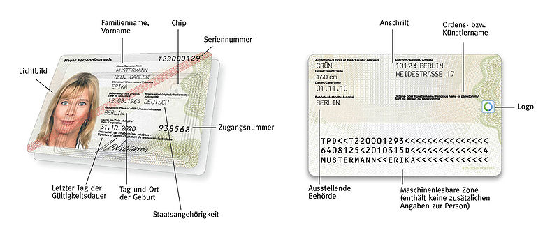 Deutscher Personalausweis seit dem 1. November 2010 (Muster)