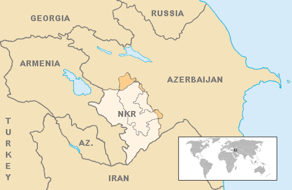 Karte von Armenien, Aserbaidschan und Bergkarabach (NKR); dunkel die von Aserbaidschan kontrollierten Gebiete Bergkarabachs