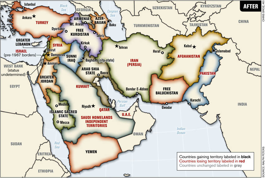 "Greater Middle East", Bernard Lewis-Plan und Yinon-Plan laufen auf dasselbe hinaus: Die Balkanisierung der moslemischen Staaten-- Note: The following map was prepared by Lieutenant-Colonel Ralph Peters. It was published in the Armed Forces Journal in June 2006, Peters is a retired colonel of the U.S. National War Academy. (Map Copyright Lieutenant-Colonel Ralph Peters 2006). Although the map does not officially reflect Pentagon doctrine, it has been used in a training program at NATO's Defense College for senior military officers. This map, as well as other similar maps, has most probably been used at the National War Academy as well as in military planning circles.  Bild: politaia.org