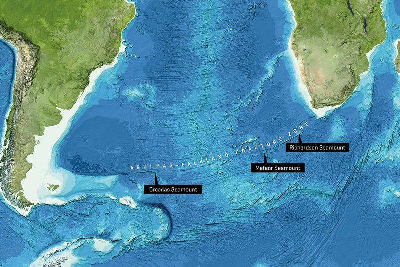 Der Richardson-, der Meteor- und der Orcadas-Seamount liegen alle entlang der Agulhas-Falkland Fracture Zone im Südatlantik. Quelle: Image reproduced from the GEBCO world map 2014, www.gebco.net (idw)