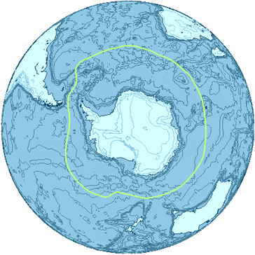 Die Antarktis. Die grüne Linie stellt die Antarktische Konvergenz dar.