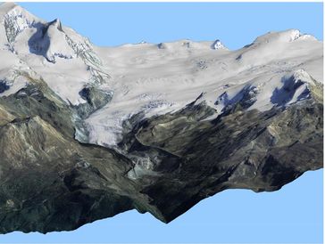 Virtuelle, dreidimensionale Ansicht des Findelgletschers bei Zermatt basierend auf den Laserdaten von 2005, überlagert mit einem Luftbild aus 2006 swisstopo (reproduziert mit Bewilligung von swisstopo BA091673)