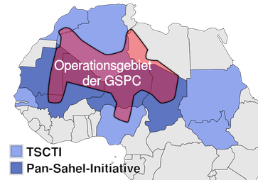Operationsgebiet der früheren GSPC sowie Länder der Trans-Saharan Counterterrorism Initiative (TSCTI) und Pan-Sahel-Initiative