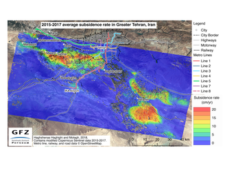 Durchschnittliche Absenkungsrate im Großraum Teheran in den Jahren 2015 bis 2017 basierend auf Daten des Sentinel-Satellitensystems.
Quelle: Quelle: Haghshenas Haghighi und Motagh, 2018(GFZ) (idw)