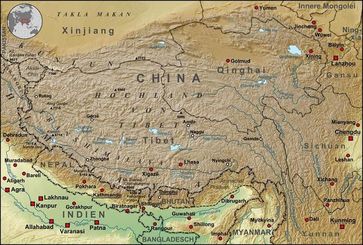 Topograhische Karte der chinesischen autonomen Provinz Tibet, sowie der umliegenden chinesischen Provinzen und der angrenzenden LÃ¤nder. Bild: Lencer / de.wikipedia.org