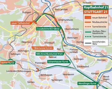 Schematische Darstellung mit einem Vergleich der Projekte Stuttgart 21 und Kopfbahnhof 21. Bild: Verkehrsclub Deutschland http://www.vcd-bw.de