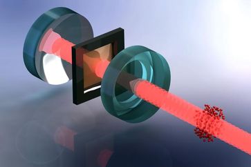 ine Wolke von ultrakalten Atomen (rot) wird zur Kühlung der mechanischen Schwingungen einer millimetergrossen Membran (braun, in schwarzem Rahmen) verwendet. Quelle: Tobias Kampschulte, Universität Basel (idw)