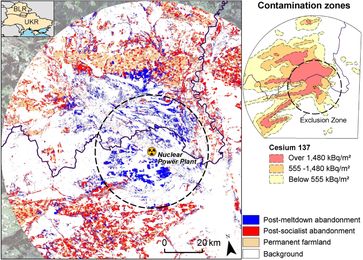 Stilllegung und Rekultivierung landwirtschaftlicher Fläche in der Tschernobylregion zwischen 1986 und 2006 (große Karte) in der ukrainisch-weißrussischen Grenzregion (kleine Karte oben links)
Quelle: Karte: Hostert et. al 2011 (idw)