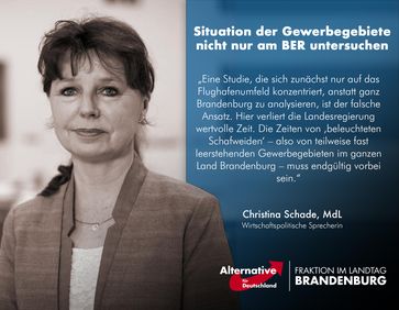 AfD-Fraktion: Studie zur Lage der Gewerbegebiete muss ganz Brandenburg berücksichtigen / Situation der Gewerbegebiete nicht nur am BER untersuchen / Die wirtschaftspolitische Sprecherin der AfD-Fraktion im Landtag Brandenburg, Christina Schade. Bild: "obs/AfD-Fraktion im Brandenburgischen Landtag/AfD-Fraktion Brandenburg"