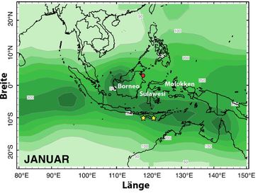 Niederschlagsverteilung über Indonesien in mm/Jahr zur Zeit des Wintermonsuns
Quelle: Abbildung: Autorenteam (idw)