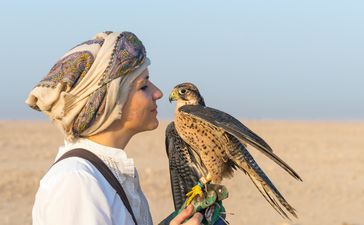 Laura Wrede mit einem Falken in der Wüste Katars  Bild: Qatar National Tourism Council Fotograf: Qatar National Tourism Council
