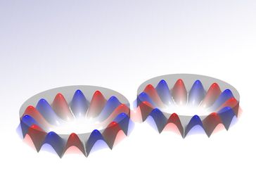 Zwei gekoppelte Mikrolaser - mit einander beeinflussenden Lichtwellen
Quelle: TU Wien (idw)
