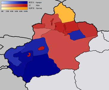 Nationalitäten in Xinjiang: Größte Gruppen nach Bezirken. Blau: Uiguren; Rot: Han-Chinesen; Gelb: Kasachen