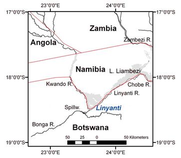 Das dreieckige Linyanti-Feuchtgebiet liegt in Namibia an der Grenze zu Botswana. Die Ländergrenzen sind rot dargestellt.
Quelle: Bild: Tobias Landmann (idw)