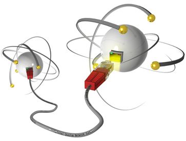 Abb.: Einzelne Atome bilden die Knoten eines elementaren Quantennetzwerkes, in dem Quanteninformation über den kontrollierten Austausch einzelner Photonen übertragen werden kann.
Quelle: (Grafik: Andreas Neuzner, MPQ) (idw)