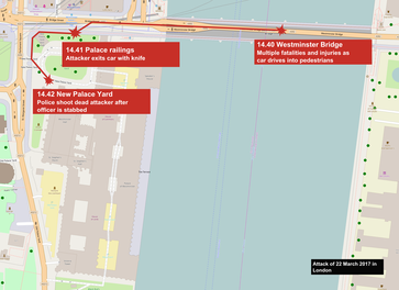 Verlauf des Angriffs und die Route des Attentäters auf dem Gelände des Westminster-Palastes