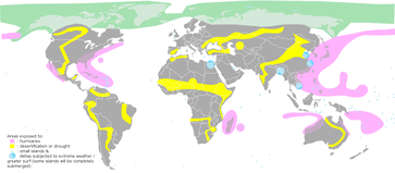 Die Weltkarte zeigt Gebiete, in denen auf Grund des Klimawandels lokale Umweltveränderung zu Klimaflucht führen könnten. Rosa: Hurrikans/Tropische Wirbelstürme – Gelb: Desertifikation/Dürre – Blau: Veränderungen durch Meeresspiegelanstieg (Inseln, Deltas)