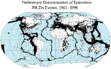 Weltkarte mit 358.214 Epizentren von Erdbeben zwischen 1963 und 1998 Bild: de.wikipedia.org