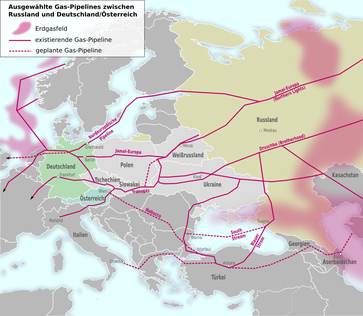 Karte von bestehenden und geplanten Gaspipelines in Europa