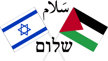 Ein Plakat der Nahost-Friedensbewegung: Die israelische und die palästinensische Flagge, dazwischen das Wort „Frieden“, oben in arabischer und unten in hebräischer Sprache. Vergleichbare Darstellungen wurden von unterschiedlichen Gruppen verwendet, die eine Zweistaatenlösung des Nahostkonflikts unterstützen.