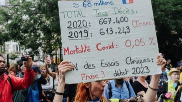Eine französische Demonstrantin hinterfragt die Maßnahmen anhand der COVID-Toten. Bild: Imago / WB / Eigenes Werk