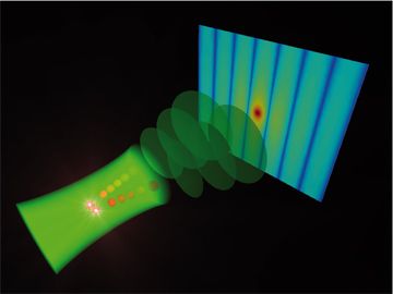 Ein Spalt aus Licht: Die Brennpunkte zweier extrem intensiver Laserstrahlen wirken wie ein Doppelspalt. Ein dritter Laser, der durch sie hindurch läuft, erzeugt auf dem Schirm im Hintergrund ein Interferenzmuster Bild: MPI für Kernphysik