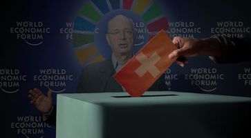 Bild Schwab (2008): Schwab: World Economic Forum, Wikimedia Commons, CC BY-SA 2.0; Symbolbilder Urne & Flagge: Freepik; Bildkomposition: Wochenblick / Eigenes Werk