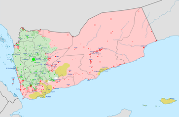 Von Huthi kontrollierte Gebiete im Jemen (hellgrün), Stand 2015