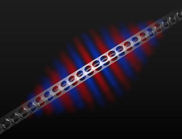 Das Bild zeigt einen Diamantsteg mit photonischer Kristallstruktur. Diese Diamant-Lichtspeicher könnten eine wichtige Komponente für die Quantenkommunikation in der Zukunft werden. Grafik: Kevin Streit (idw)
