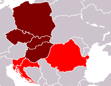 ﻿Das Kerngebiet Ostmitteleuropas [Violett] ﻿Zum weiteren Ostmitteleuropa gelegentlich gezählt [rot]