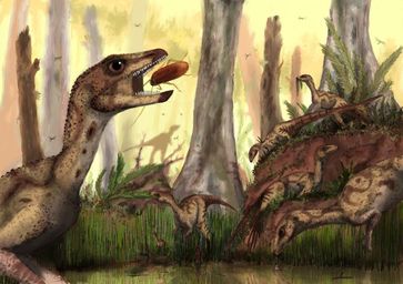 Eine Aquarell-Rekonstruktion einer Herde des kleinen Vogelbecken-Dinosauriers Laquintasaura venezuel
Quelle: Copyright: Mark Witton (idw)