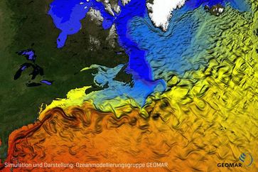 Das Golfstromsystem im Nordatlantik dargestellt durch simulierte Oberflächentemperaturen in einem ho
Quelle: Simulation und Darstellung: Ozeanmodellierungsgruppe GEOMAR (idw)