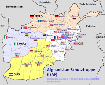 Das ISAF-Verantwortungsgebiet unter NATO-Führung mit territorialer Zuordnung der beteiligten Nationen (ohne Berücksichtigung der Operation-Enduring-Freedom-Kräfte)