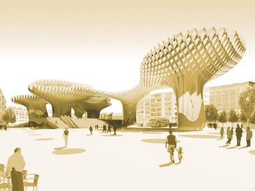 Bei diesen pilzförmigen Gebäuden, den Parasols in Sevilla, sollen die Bauteile nicht verschraubt, sondern verklebt werden. Bild: J. MAYER H.Architekten