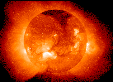 In hartem Röntgenlicht ist die Korona auch vor der Sonnenscheibe zu beobachten, hier durch Yohkoh.