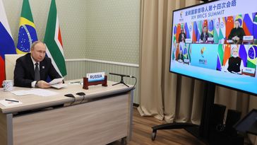 Der russische Präsident Wladimir Putin nimmt per Videokonferenz am 14. BRICS-Gipfel teil. (2022) Bild: Sputnik / Michail Metzel
