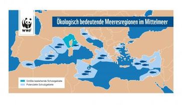 Bestehende und potenzielle Schutzgebiete im Mittelmeer. Bild: "obs/WWF World Wide Fund For Nature"