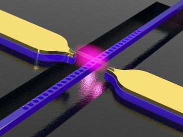Kohlenstoff-Nanoröhre über einem photonischen Kristall-Wellenleiter mit Elektroden. Die Struktur wan
Quelle: Foto: WWU (idw)