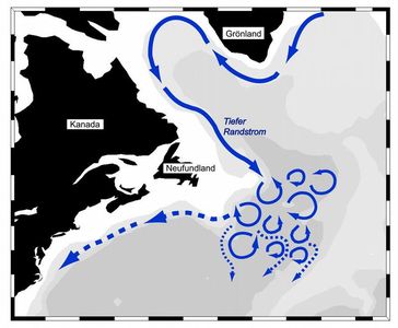 Schema der Tiefenzirkulation im westlichen Nordatlantik: Östlich von Neufundland wird der tiefe Randstrom durch Wirbel aufgebrochen und das nach Süden strömende Tiefenwasser im Ozeaninneren verteilt. Grafik: IFM-GEOMAR