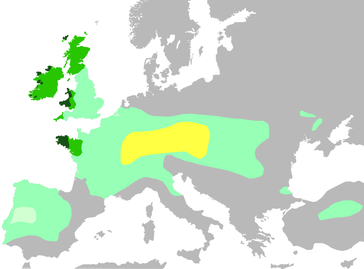 Verbreitung keltischer Völker und Sprachen:﻿Gebiet der Hallstattkultur im 6. Jh. v. Chr.﻿Größte keltische Ausdehnung um 275 v. Chr.﻿Lusitania (keltische Besiedlung unsicher)﻿Die sechs „keltischen Nationen“ mit keltischen Sprachen in der Neuzeit﻿Heutiges Verbreitungsgebiet keltischer Sprachen