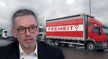 Bild: Hintergrund: Telegram "Freedom Convoy to Vienna - Info Kanal"; Kickl: freigestellt aus Screenshot FPÖ-TV/Facebook; Komposition: Wochenblick/Eigenes Werk