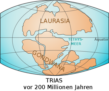 Die Großkontinente Laurasia und Gondwana in der Trias, etwa vor 200 Millionen Jahren