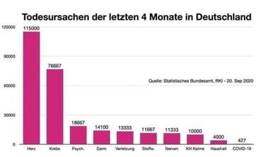 Todesursachen der letzten 4 Monate in Deutschland: COVID-19 ist eine sehr seltensten Erkrankungen überhaupt, Stand 20.09.2020 Statistisches Bundesamt.