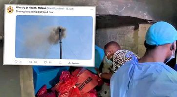 Gesundheitsministerin Khumbize Kandodo Chiponda legte bei der Impfstoff-Verbrennung sogar selbst Hand an Bild: Screenshot Twitter / WB / Eigenes Werk