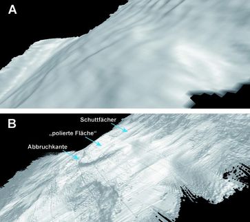 ´Vergleich von perspektivischen Kartenansichten der „Moresby Seamount Abschiebung“ unterschiedlicher Auflösung. A) klassische Qualität einer schiffsgestützten Echolotkartierung des nördlichen Moresby Seamount Berghangs. Die Auflösung beträgt 25 mal 25 Meter. B) Die neue AUV Karte der „Moresby Seamount Abschiebung“ mit einer Auflösung von 2 mal 2 Meter. Deutlich erkennt man eine ein mächtige Abbruchkante. Oberhalb dieser Kante sieht man eine poliert wirkende Fläche, dabei handelt es sich um die direkte Oberfläche der „Moresby Seamount Abschiebung“. Etwas höher erkennt man zahlreiche Schuttfächer im Auslaufbereich kleinerer Erosionskanälen. Grafik: Romed Speckbacher