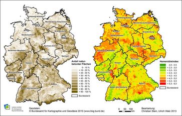 Der IÖR-Monitor visualisiert die Indikatoren für die Natürlichkeit von Landschaften (weitere Erläute
Quelle: Bearbeitung: IÖR/Christian Stein+Ulrich Walz, 2013 (idw)