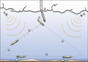 Schematische Darstellung des Missionsablaufs. Der intelligente Bohrer durchbricht die Eisdecke auf Jupiters Eismond und entlässt das autonome Unterwasserfahrzeug ins Wasser. Dieses steuert den Grund des Ozeans an, um Nachweise möglichen Lebens aufzuspüren. Dann kehrt es selbstständig zurück zum Trägersystem, das die ermittelten Daten und Bilder aufnimmt und an die Erde übermittelt.
Quelle: Grafik: DFKI GmbH (idw)