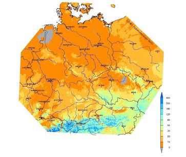 Die Abbildung zeigt, wo in Deutschland am Sonntag, 20.1.2013, Schnee lag und wie dick die Schneedecke dort jeweils ist. Grundlage der Darstellung sind Berechnungen  des SNOW-Verfahrens des DWD.  Grafik: DWD
